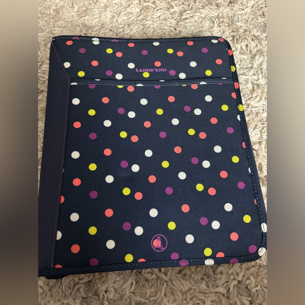 Lands' End Fabric Binder Navy Polka Dot Tablet Sleeve Zippered